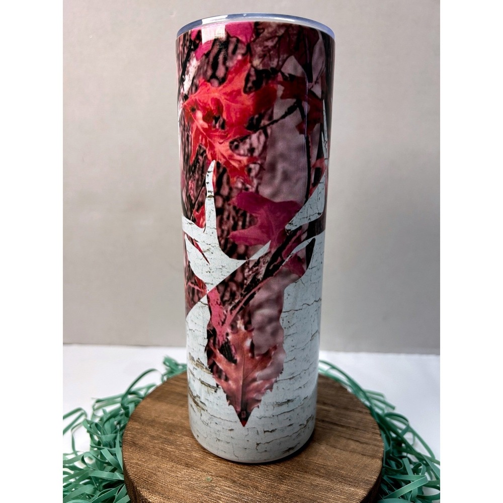 Pink Camo Deer Antler Birch Bark Skinny Tumbler Stainless Steel Travel Cup 20oz